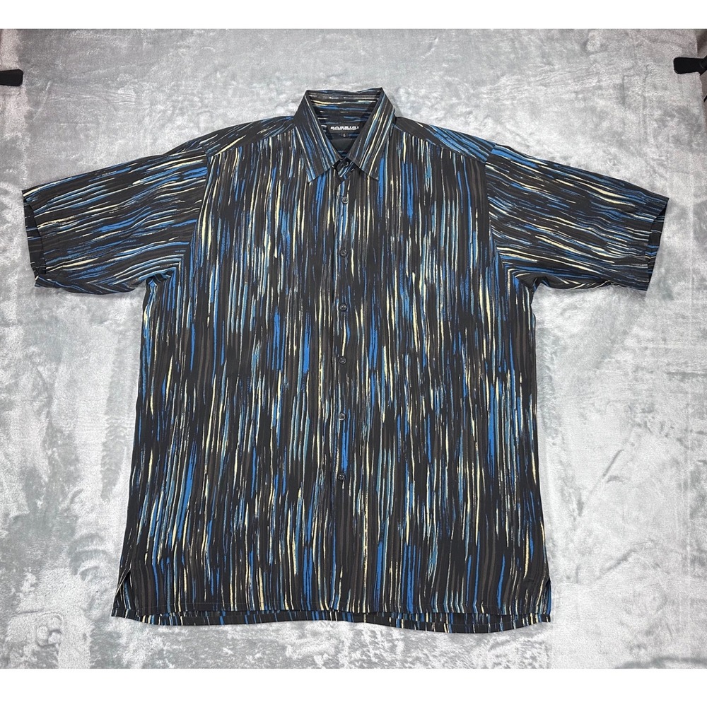 Bassiri Limited Collection Mens Large Blue Yellow Abstract Stripe Button Shirt
